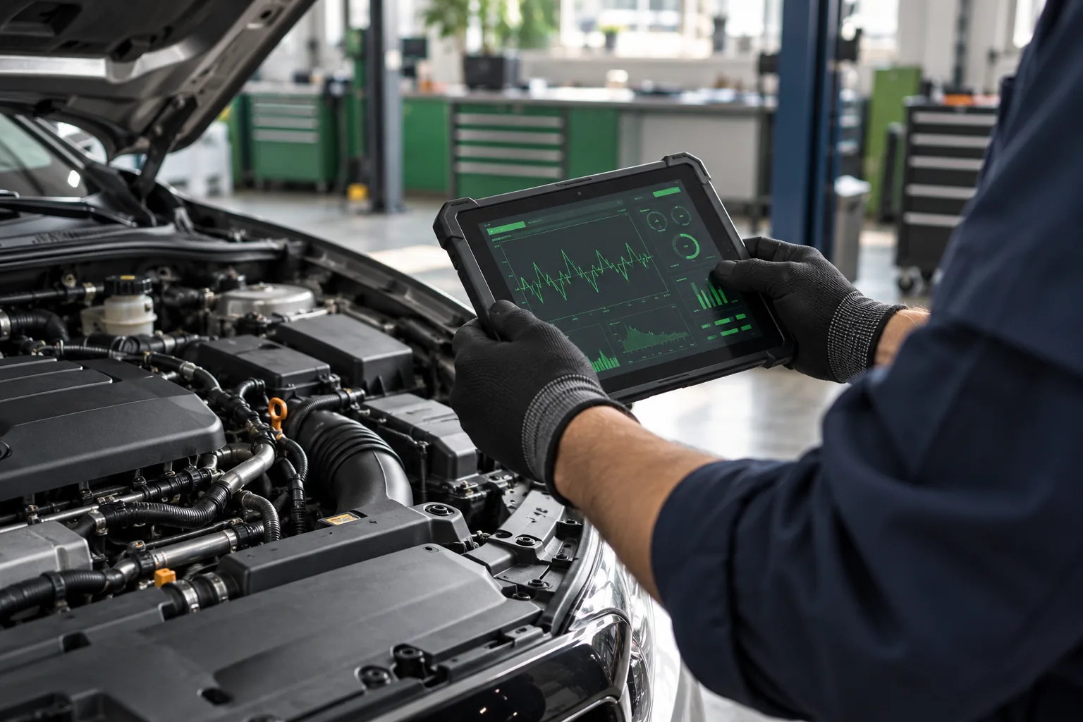 Illustrative Fahrzeugdiagnose mit einem Tablet am Motorraum